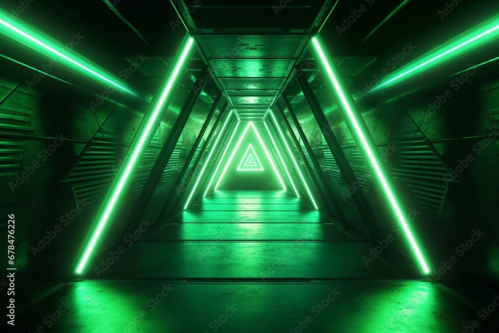 Underground bunker with neon hologram triangle, green glows, metal ...