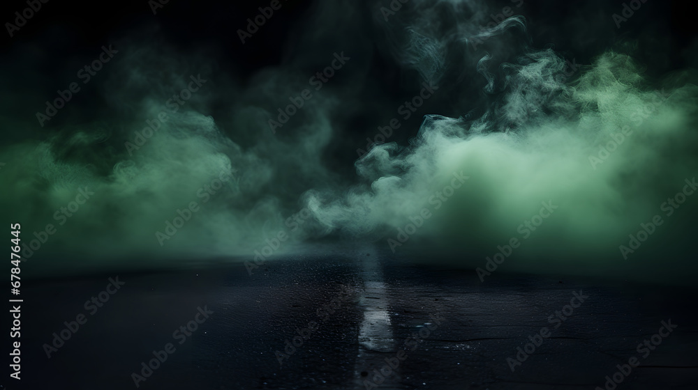 green Smoke And Fog On Asphalt In Black Defocused Background