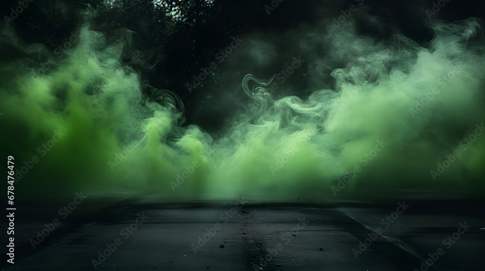 green Smoke And Fog On Asphalt In Black Defocused Background