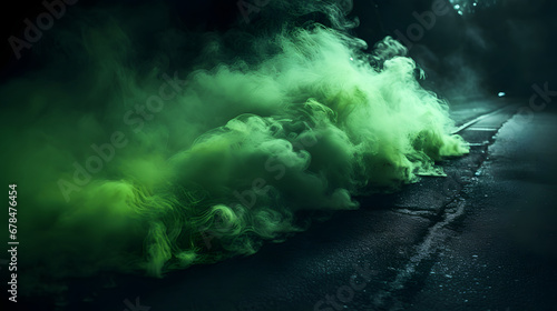 green Smoke And Fog On Asphalt In Black Defocused Background © Sticker