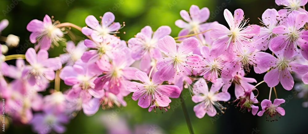 Siberian columbine meadow rue also known as Thalictrum aquilegiifolium grows pink flowers in flat clusters in the garden