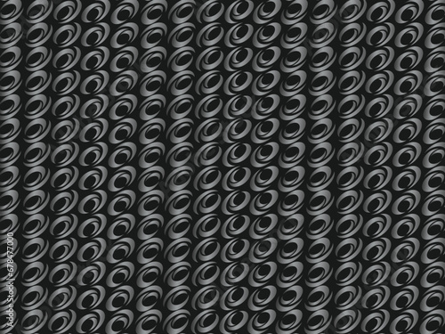 Black metal texture steel background with unique ornament. Abstract metal sheet.
