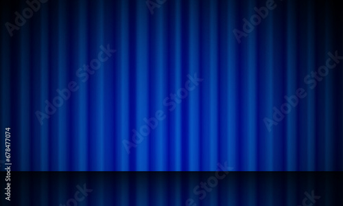 Vector realistic blue theatrical closed curtain of shiny material with reflection on stage floor vector illustration
