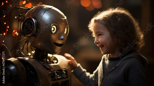 A joyful child and a robot companion depict the modern bond between humans and AI-powered friends