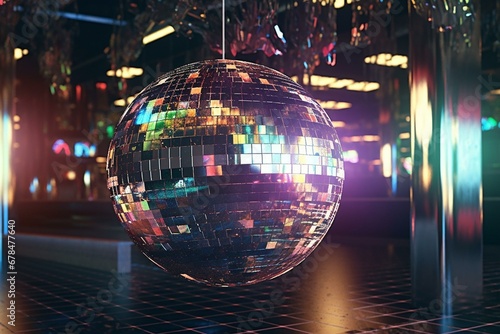 Shining disco ball in club setting: dazzling decorations. Artwork. Generative AI