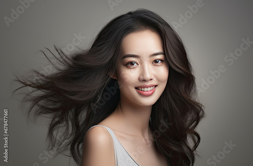 Beautiful asian woman isolated on grey background