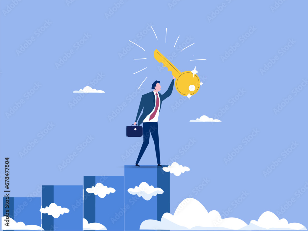 Keys to business success, stairs to find secret keys or achieve career goal ideas. Business winner walks up the stairs and lifts the golden key to the sky. vector illustration Keys to business success, stairs to find secret keys or achieve career goal ideas. Business winner walks up the stairs and lifts the golden key to the sky. vector illustration