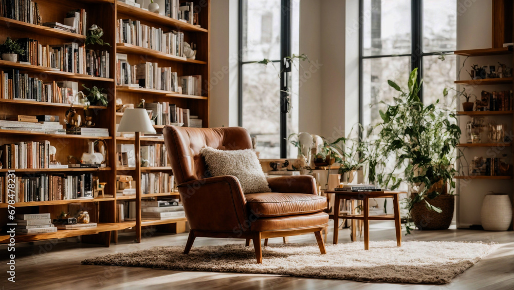 beautiful Brown color modern home relax library with cozy armchair and bookshelves with books arranged in a room with white walls, 