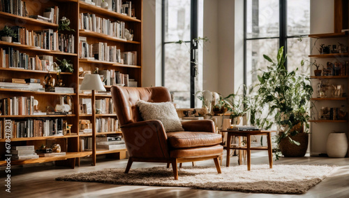 beautiful Brown color modern home relax library with cozy armchair and bookshelves with books arranged in a room with white walls, 