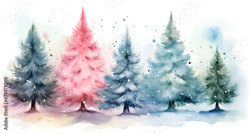 Illustration of green fluffy Christmas pine, pink Christmas trees, and blue Christmas tree in watercolor, isolated on white background with gifts,
