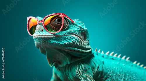 close up of a lizard,Stylish chameleon wearing sunglasses
 photo
