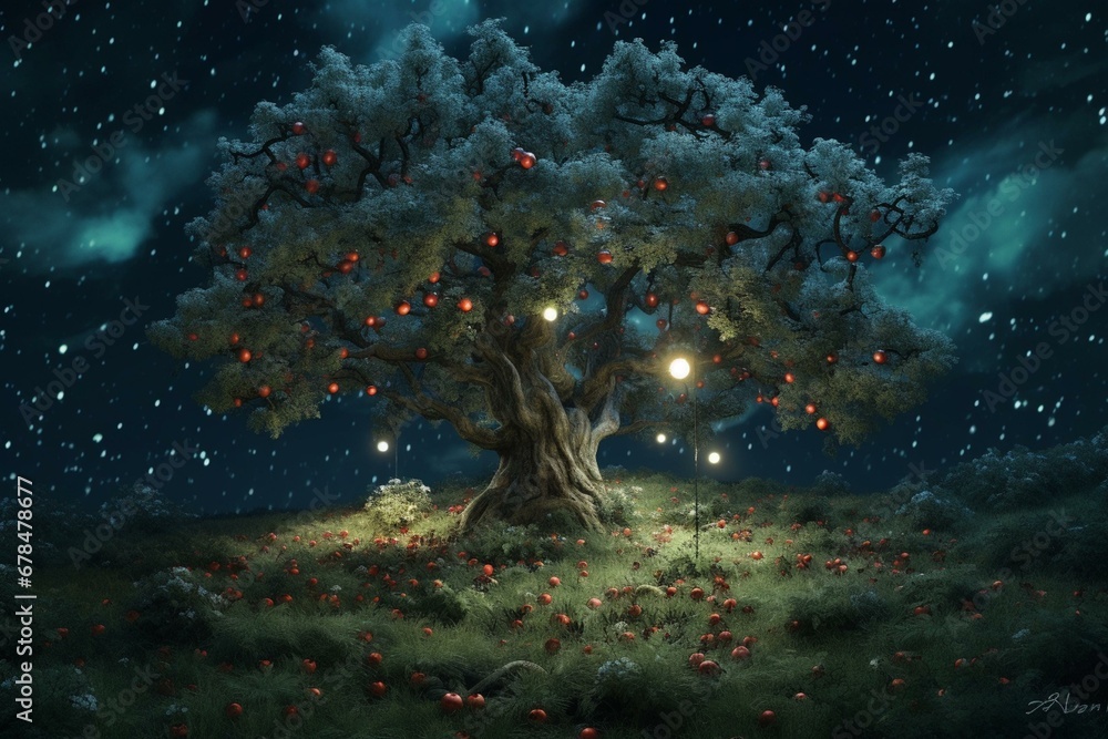 Nighttime fruit tree adorned with apples. Generative AI