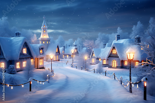 creative image of snowy winter village with Christmas lights, UHD, very sharp image, minimalistic style. photo