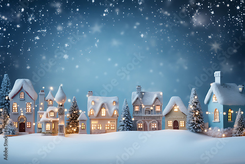 creative image of snowy winter village with Christmas lights, UHD, very sharp image, minimalistic style.