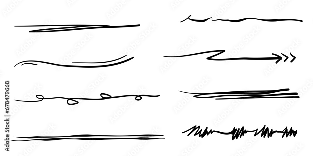 Hand drawn set of underline, curly swishes, swashes, swoops. swirl. Highlight text elements. vector illustration Hand drawn set of underline, curly swishes, swashes, swoops. swirl. Highlight text elements. vector illustration