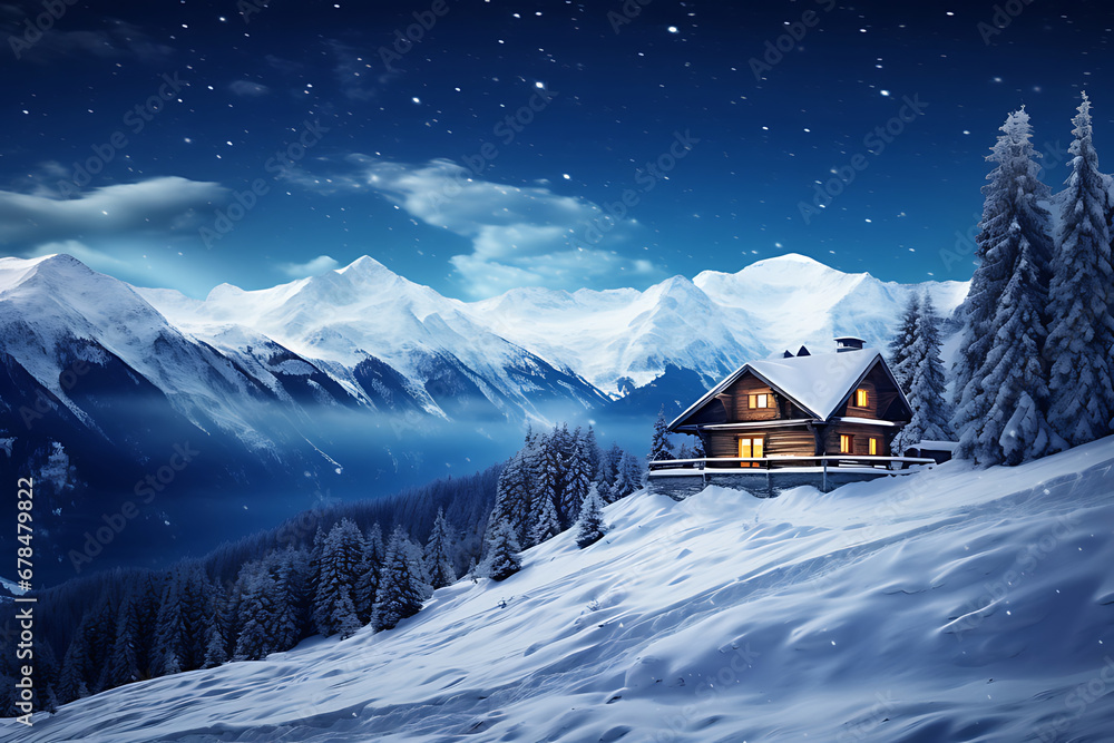 Fantastic winter landscape with wooden house in snowy mountains. Starry sky with Milky Way and snow covered hut. Christmas holiday and winter vacations concept.