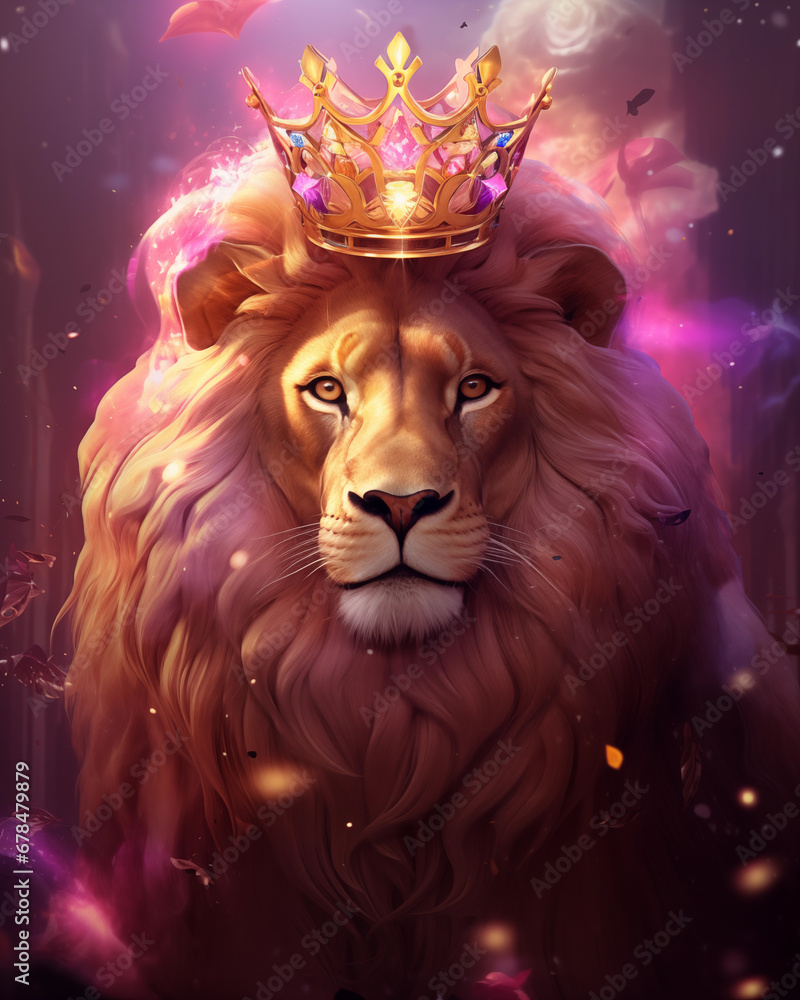 lion wearing a pink glowing crown, lion in the night, fantasy lioness, princess lion, princess lioness, ai artwork, up close of lion