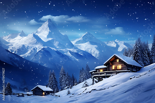 Fantastic winter landscape with wooden house in snowy mountains. Starry sky with Milky Way and snow covered hut. Christmas holiday and winter vacations concept. © LADIE_PASTEL