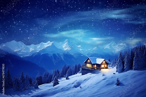 Fantastic winter landscape with wooden house in snowy mountains. Starry sky with Milky Way and snow covered hut. Christmas holiday and winter vacations concept. © LADIE_PASTEL