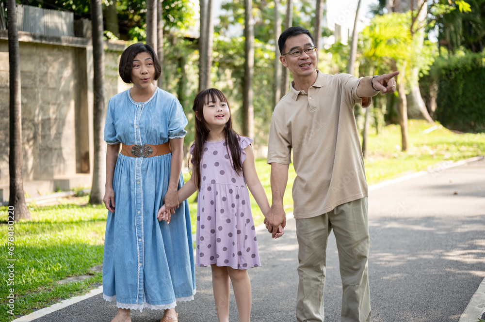 Caring Asian grandparents are holding their granddaughter's hands while strolling in a park together Caring Asian grandparents are holding their granddaughter's hands while strolling in a park together