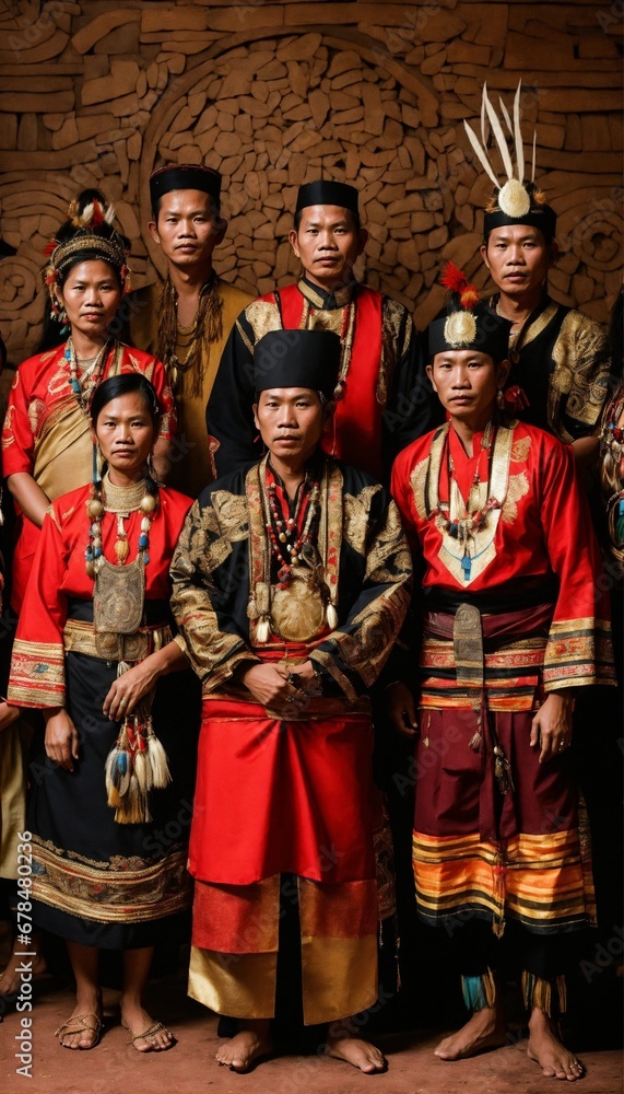 group of people standing side by side, taking a photo of 7 people, 2 women, 5 men from the Indonesian Dayak tribe, wearing original clothes, traditional clothes, traditional clothes, traditions, weari