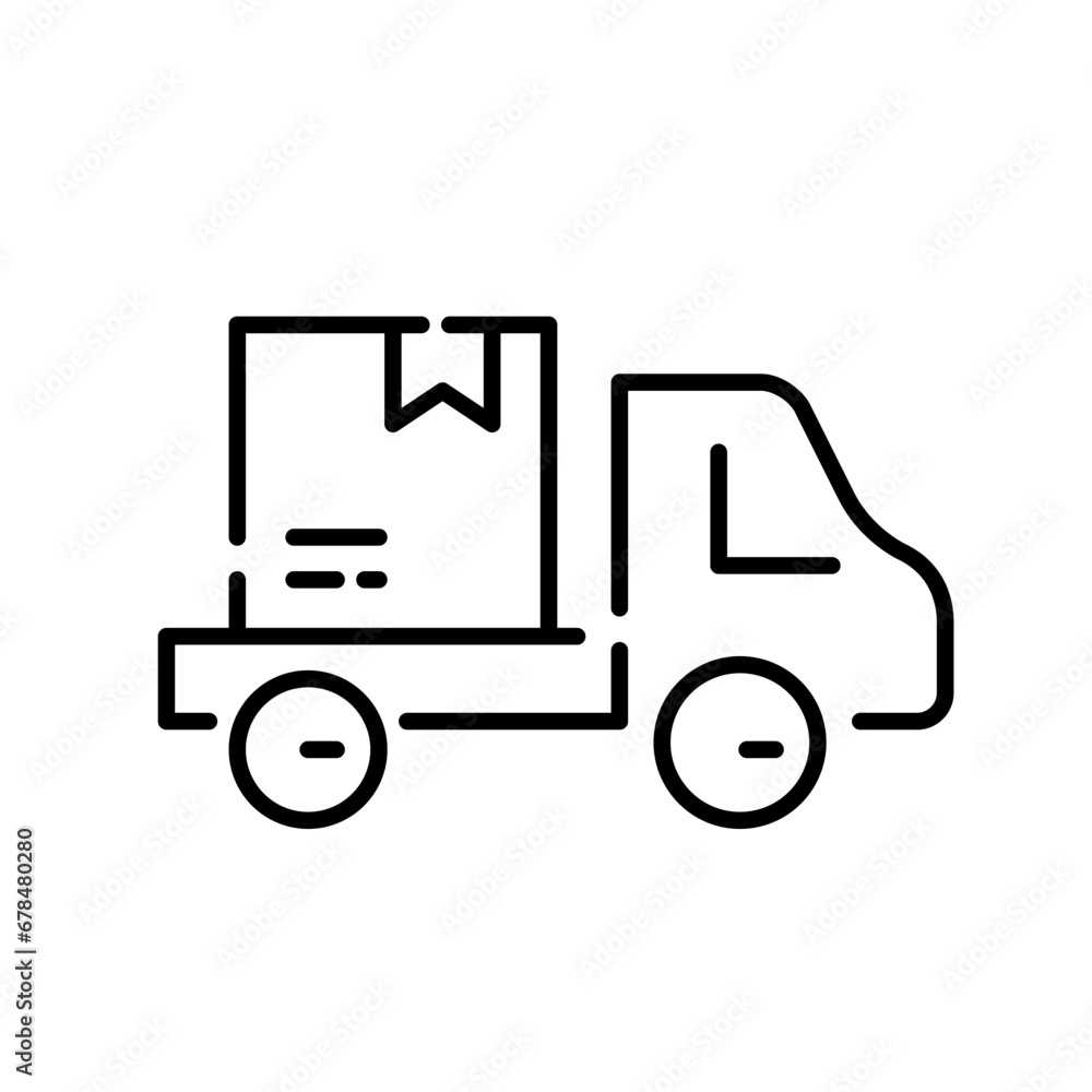 Delivery courier on truck. Parcel box and lorry. Pixel perfect, editable stroke icon