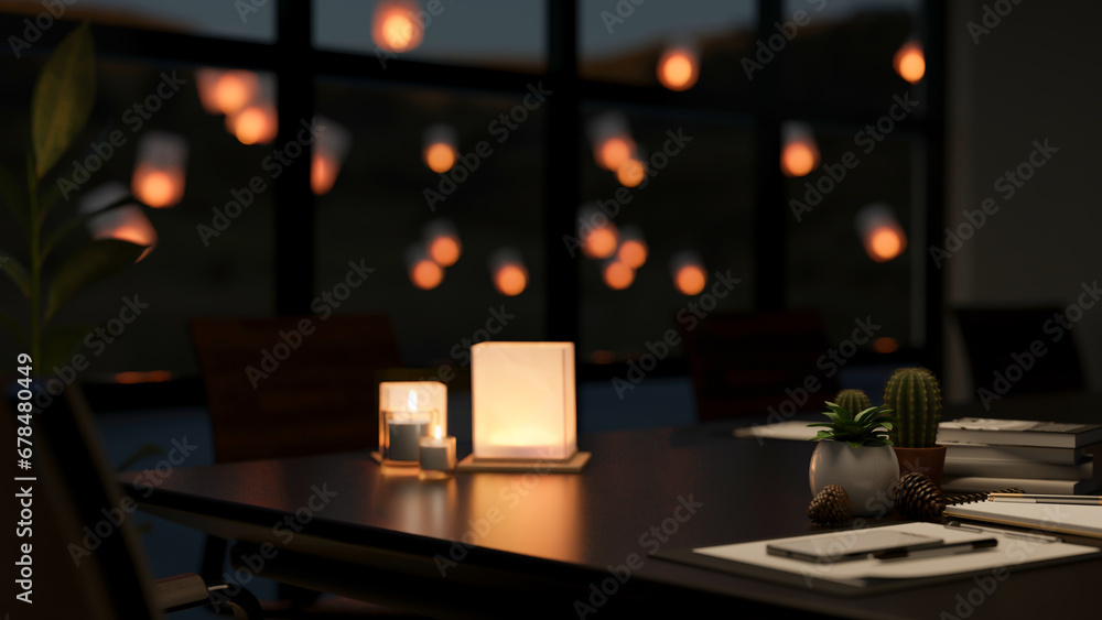 A modern dark meeting room with table lamp and candles on the meeting table. A modern dark meeting room with table lamp and candles on the meeting table.
