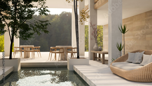 A modern, luxurious, spacious hotel indoor lounge or restaurant with an indoor pool and seats.