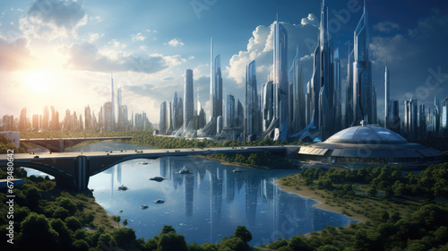 futuristic city, water, grass, perfect lighting