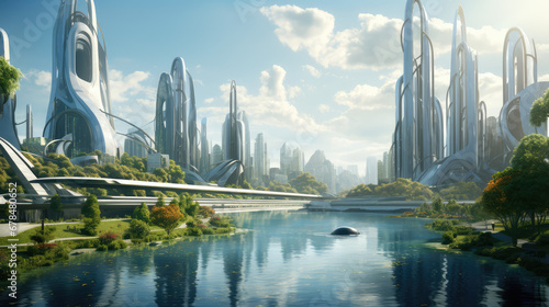 futuristic city, water, grass, perfect lighting photo