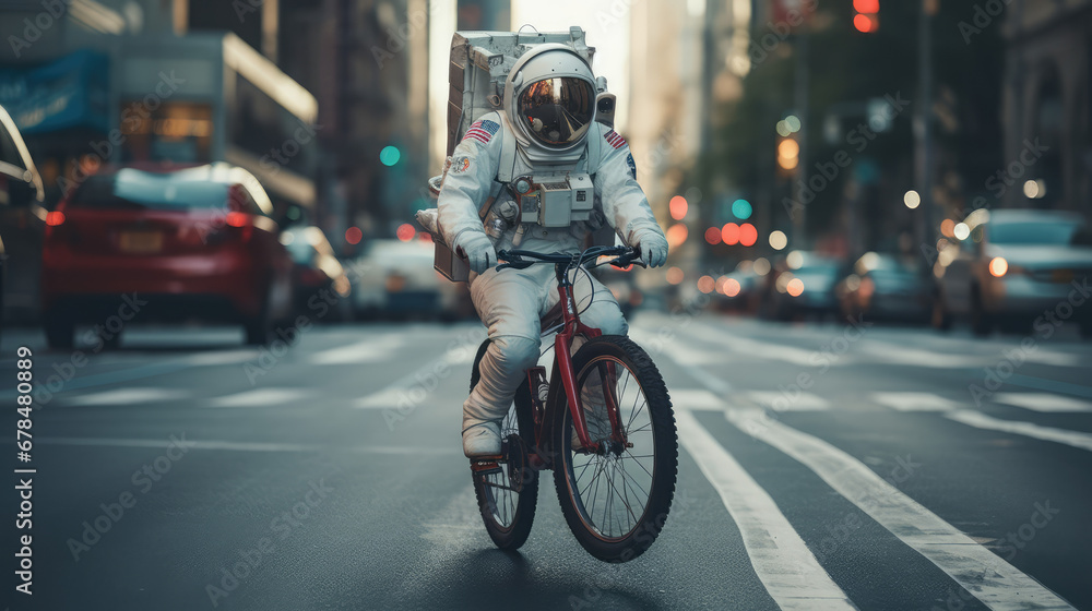 Obraz premium astronaut riding a bicycle in the city