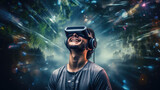 A man wearing VR headset user, smile, surreal world and virtual reality