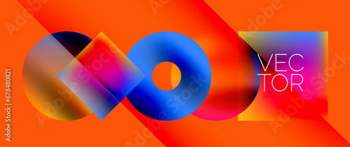 Squares and circles design. Fluid color gradients with metallic effects. Serene synergy of shapes, merging squares and circles into harmonious, captivating design