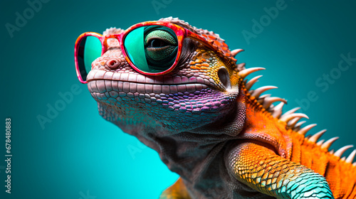 close up of a lizard,Stylish chameleon wearing sunglasses
