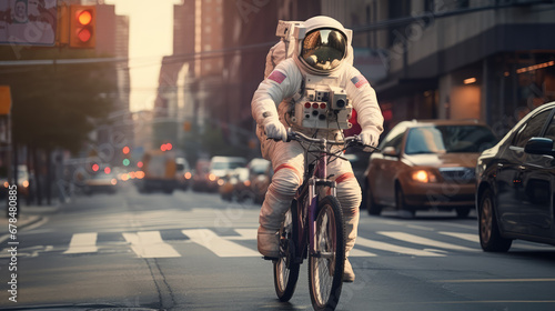 astronaut riding a bicycle in the city photo