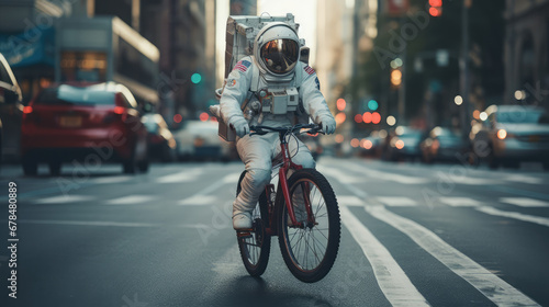 astronaut riding a bicycle in the city © akarawit