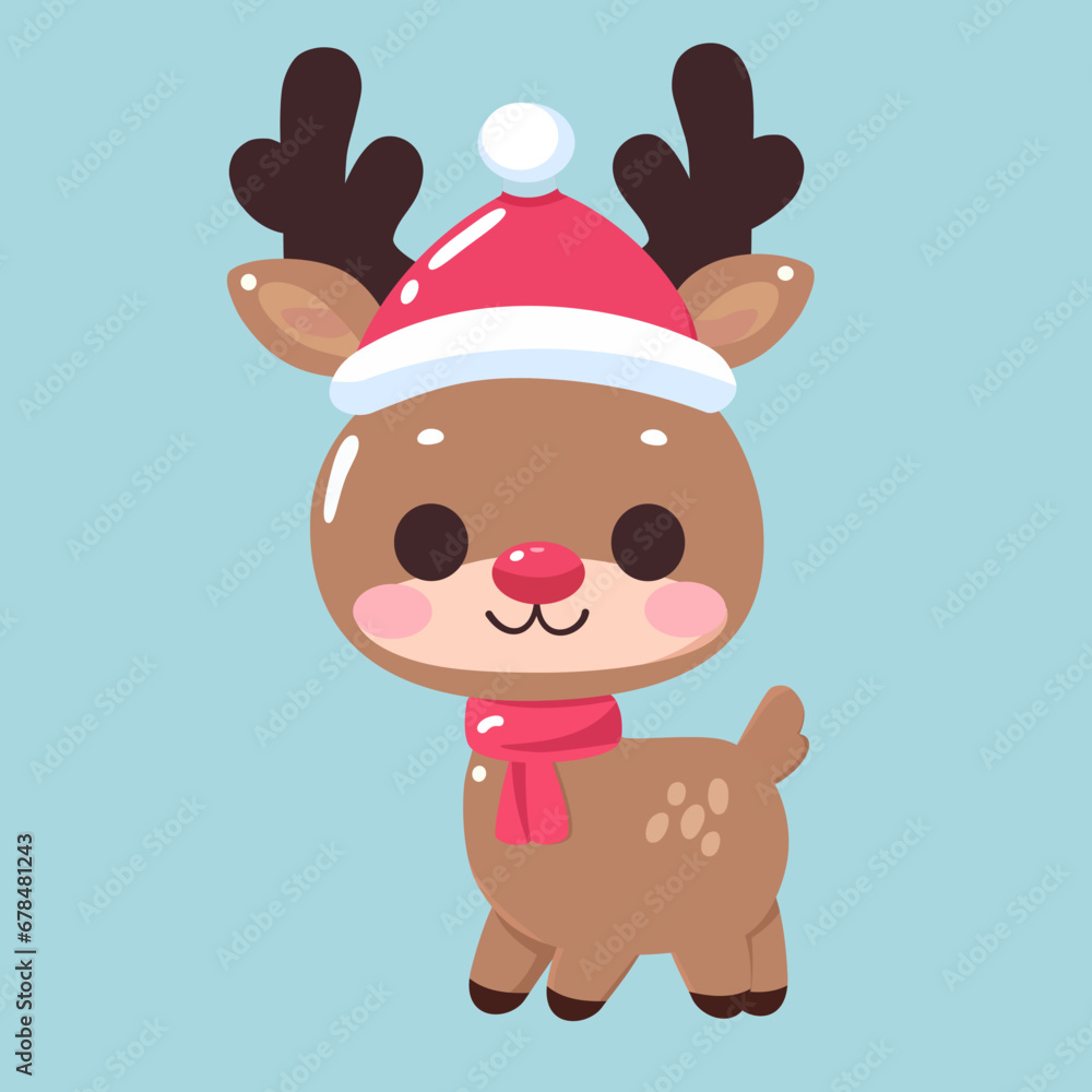 Fototapeta premium reindeer with Santa hat. Cute Christmas Reindeer Cartoon vector illustration.
