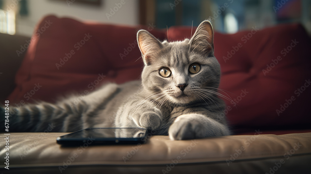 cat holding smartphone on sofa in living room