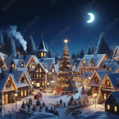 christmas, winter, snow, tree, house, holiday, landscape, xmas, night, illustration, season, vector, card, celebration, snowflake, village, cold, sky, scene, decoration, home, star, new, nature, chris