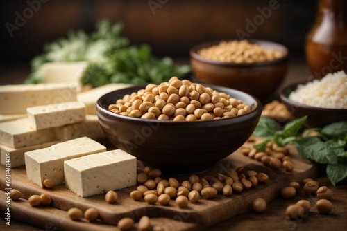 Tofu and soybeans on brown plate on wooden table