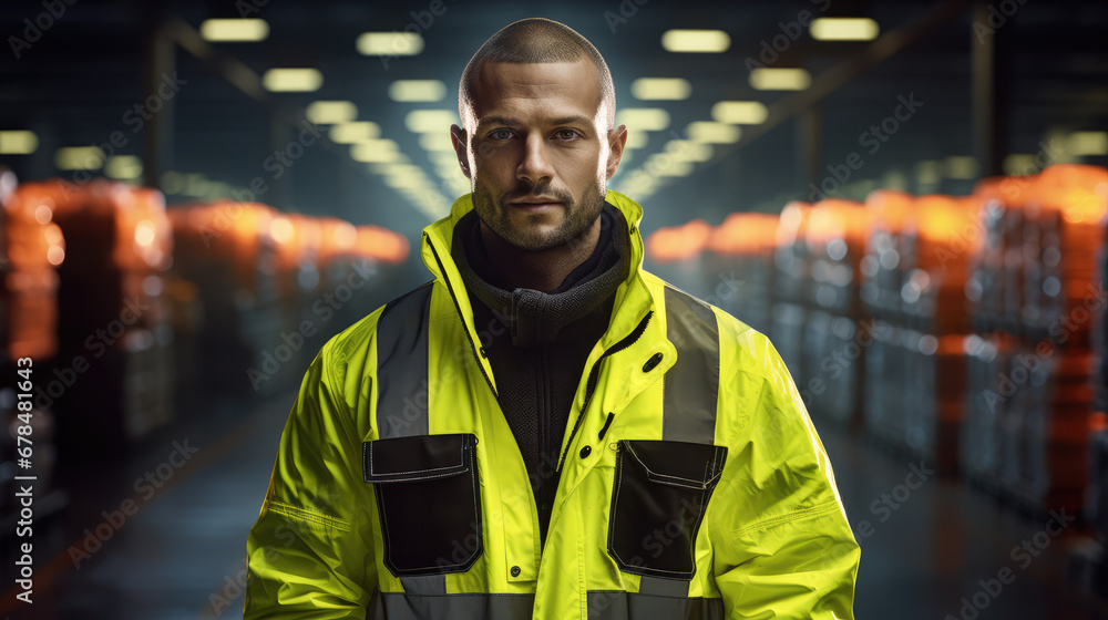 warehouse worker wearing a vest stood in a distribution center warehouse worker wearing a vest stood in a distribution center