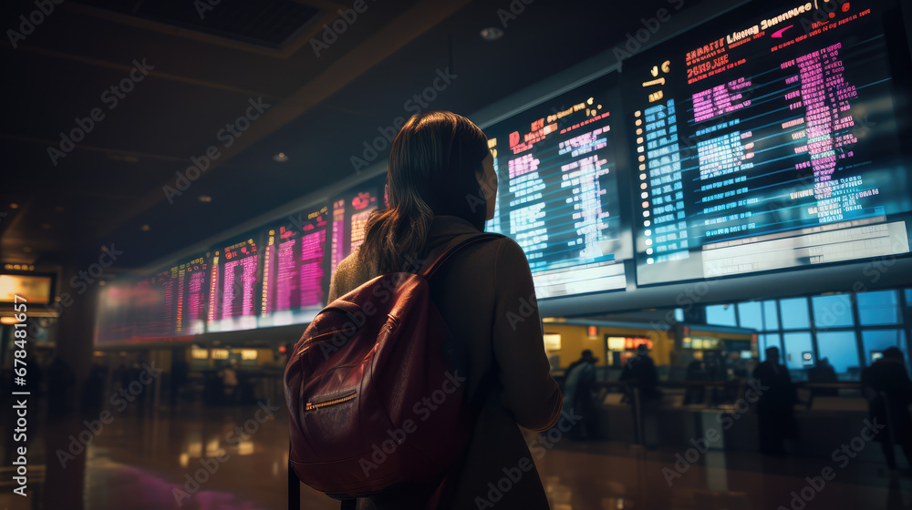 woman looking flight schedules in airport
