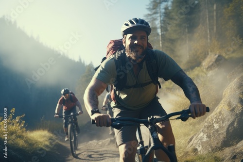 Photograph capturing a group of friends riding mountain bikes through the mountains together, showcasing the camaraderie and adventure of shared outdoor experiences.