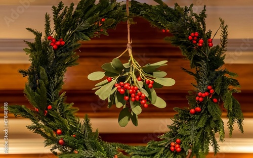 A mistletoe  hanging from the ceiling. The mistletoe is surrounded by holly and ivy  creating a frame effect