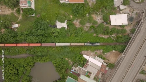 Drone shows top-down freight train passing through Vietnam
