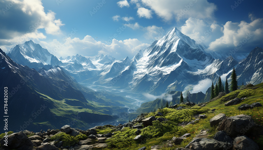 Majestic mountain peak, tranquil meadow, and serene sky generated by AI