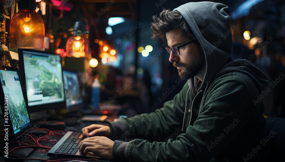 A young man working late, typing on his computer generated by AI