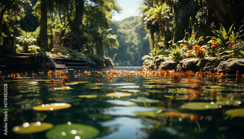 Tranquil scene green leaf reflects in serene pond water generated by AI