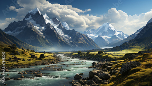 Majestic mountain peak, snow covered landscape, tranquil meadow, flowing water generated by AI