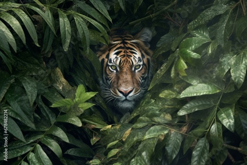 A fearsome tiger hiding in a thick jungle bush. Generative AI